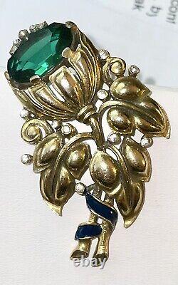 TRIFARI Alfred Philippe 1939 faux Emerald Flower Enamel signet clip Pin Brooch