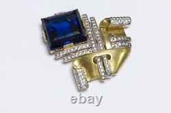TRIFARI Alfred Philippe 1940's Gold Plated Blue Crystal Clip Brooch