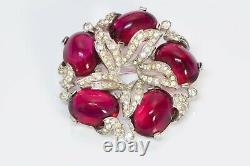 TRIFARI Alfred Philippe 1940s Red Pink Cabochon Glass Crystal Flower Brooch