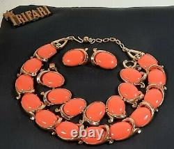 TRIFARI Alfred Philippe'BOLERO' Coral Cabochon Necklace Bracelet Clip Earrings