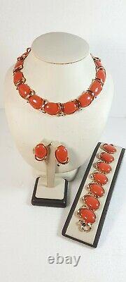 TRIFARI Alfred Philippe'BOLERO' Coral Cabochon Necklace Bracelet Clip Earrings