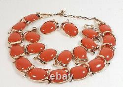 TRIFARI Alfred Philippe'BOLERO' Coral Cabochon Necklace Bracelet Clip Earrings