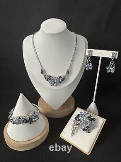 TRIFARI Alfred Philippe Five-Petal Flower Parure Silver Blue PAT PEND Book Set