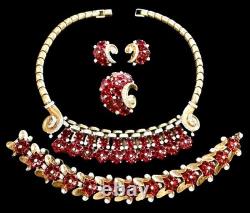 TRIFARI Alfred Philippe Fleur De Paris Red Glass Flower Grande Parure Set RARE