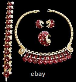 TRIFARI Alfred Philippe Fleur De Paris Red Glass Flower Grande Parure Set RARE