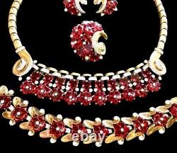 TRIFARI Alfred Philippe Fleur De Paris Red Glass Flower Grande Parure Set RARE