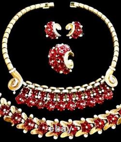 TRIFARI Alfred Philippe Fleur De Paris Red Glass Flower Grande Parure Set RARE