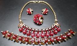 TRIFARI Alfred Philippe Fleur De Paris Red Glass Flower Grande Parure Set RARE
