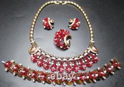 TRIFARI Alfred Philippe Fleur De Paris Red Glass Flower Grande Parure Set RARE