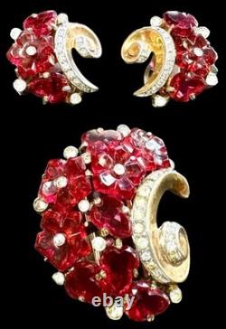 TRIFARI Alfred Philippe Fleur De Paris Red Glass Flower Grande Parure Set RARE