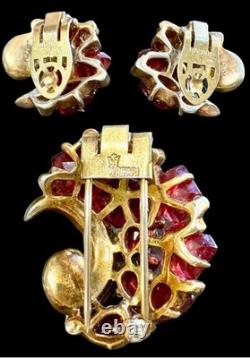 TRIFARI Alfred Philippe Fleur De Paris Red Glass Flower Grande Parure Set RARE TRIFARI Alfred Philippe Fleur De Paris Red Glass Flower Grande Parure Set RARE