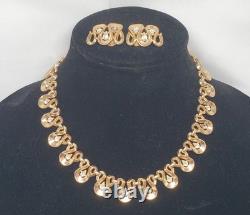 TRIFARI Alfred Philippe Gold Tone Pear Rhinestone Set Necklace & Clip Earrings