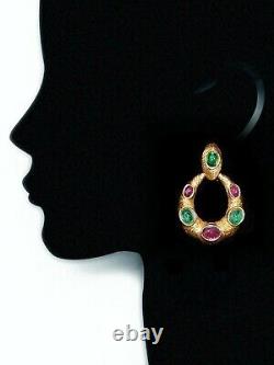 TRIFARI Alfred Philippe Moghul Emerald & Fuchsia Cabochon Clip Pendant Earrings