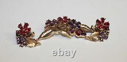 TRIFARI Alfred Philippe Pink & Purple Rhinestone Flower Pin Brooch Earrings Set