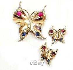 TRIFARI Alfred Philippe Sterling Ruby Sapphire & Pave Butterfly Pin & Earrings