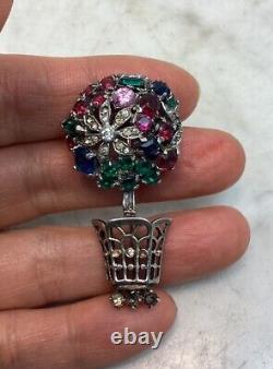 TRIFARI Alfred Philippe Sterling Silver Rhinestone Flower Pot Pin Brooch Rare