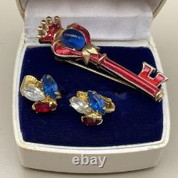 TRIFARI Alfred Philippe Vintage Coronation Crown Brooch & Earrings Set Jelly