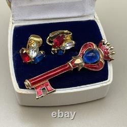 TRIFARI Alfred Philippe Vintage Coronation Crown Brooch & Earrings Set Jelly