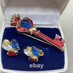 TRIFARI Alfred Philippe Vintage Coronation Crown Brooch & Earrings Set Jelly