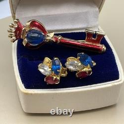 TRIFARI Alfred Philippe Vintage Coronation Crown Brooch & Earrings Set Jelly