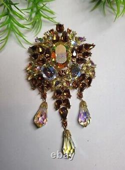 TRIFARI Alfred Phillipe sign Large AB Rhinestone Dangle Brooch Topaz Citrine 4in