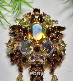 TRIFARI Alfred Phillipe sign Large AB Rhinestone Dangle Brooch Topaz Citrine 4in