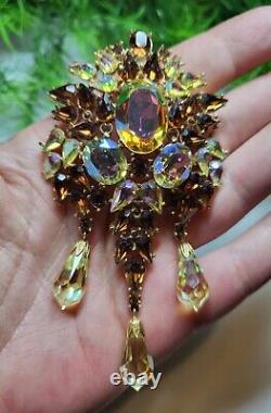 TRIFARI Alfred Phillipe sign Large AB Rhinestone Dangle Brooch Topaz Citrine 4in