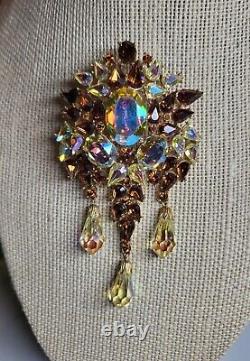 TRIFARI Alfred Phillipe sign Large AB Rhinestone Dangle Brooch Topaz Citrine 4in