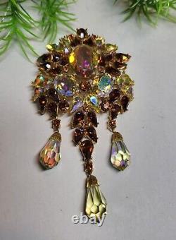 TRIFARI Alfred Phillipe sign Large AB Rhinestone Dangle Brooch Topaz Citrine 4in