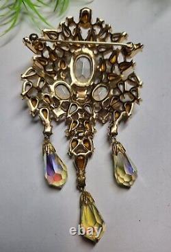 TRIFARI Alfred Phillipe sign Large AB Rhinestone Dangle Brooch Topaz Citrine 4in