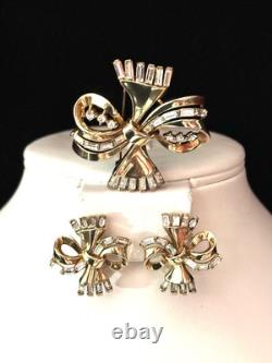 TRIFARI Baguette Bow Set Alfred Philippe Gold-Tone Brilliant PAT PEND 1950 withBox