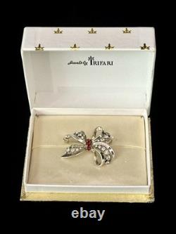 TRIFARI Brooch Bow Red Crystal Rhinestones Alfred Philippe Open-Work Crown BOX