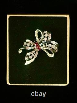 TRIFARI Brooch Bow Red Crystal Rhinestones Alfred Philippe Open-Work Crown BOX