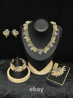 TRIFARI Brushed Gold Leaf Parure White Seed Pearls Alfred Philippe Crown