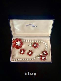 TRIFARI Camellia 1952 Set Red Poured Glass Flowers Alfred Philippe PAT PEN