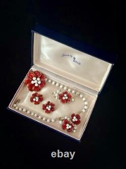 TRIFARI Camellia 1952 Set Red Poured Glass Flowers Alfred Philippe PAT PEN