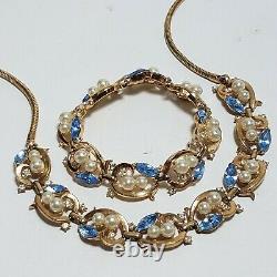 TRIFARI Choker Necklace Bracelet Set Blue Rhinestone Pearl 1952 Philippe Pat#