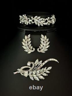 TRIFARI Crystal Marquise Rhinestones Rhodium Leaf Parure Alfred Philippe PAT PEN