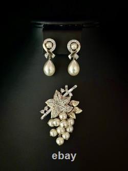 TRIFARI Crystal Pave Pearls Gold Dangle Leaf Grapes Alfred Philippe PAT PEND Box