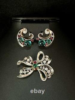TRIFARI Earrings(1945) Brooch Alfred Philippe Sterling Emerald Ruby PAT PEND