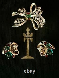 TRIFARI Earrings(1945) Brooch Alfred Philippe Sterling Emerald Ruby PAT PEND