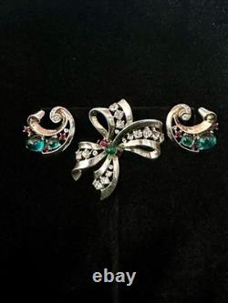 TRIFARI Earrings(1945) Brooch Alfred Philippe Sterling Emerald Ruby PAT PEND