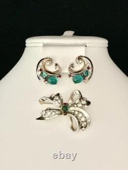 TRIFARI Earrings(1945) Brooch Alfred Philippe Sterling Emerald Ruby PAT PEND