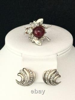 TRIFARI Earrings Brooch 1944 Sterling Jellybelly Rhinestones Alfred Philippe Box