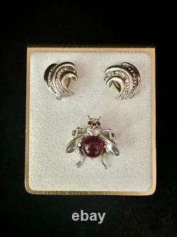 TRIFARI Earrings Brooch 1944 Sterling Jellybelly Rhinestones Alfred Philippe Box