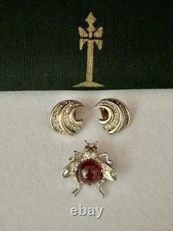 TRIFARI Earrings Brooch 1944 Sterling Jellybelly Rhinestones Alfred Philippe Box
