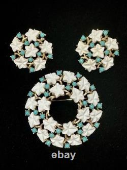 TRIFARI Earrings Brooch 1952 White Leaf Gold Turquoise Alfred Philippe Book Box