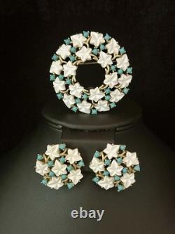 TRIFARI Earrings Brooch 1952 White Leaf Gold Turquoise Alfred Philippe Book Box