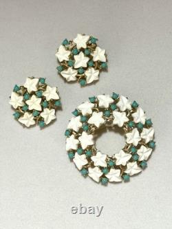 TRIFARI Earrings Brooch 1952 White Leaf Gold Turquoise Alfred Philippe Book Box