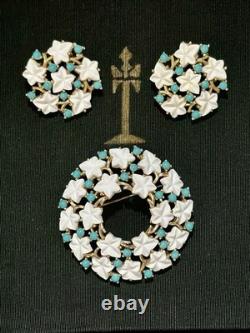 TRIFARI Earrings Brooch 1952 White Leaf Gold Turquoise Alfred Philippe Book Box